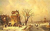 A Winter Landscape with Skaters Near a Village Paintings - Skaters in a Frozen Winter Landscape by Charles Henri Joseph Leickert